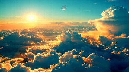 Aerial view of a vibrant sunset sky filled with dramatic clouds - Powered by Adobe