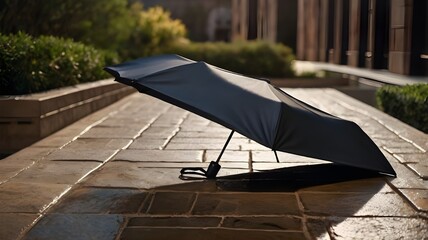 Black umbrella lying open on wet stone pavement in an urban setting