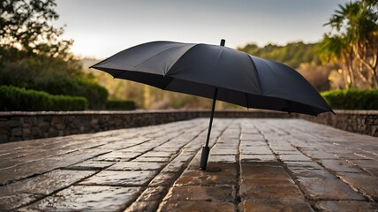 Black umbrella lying open on wet stone pavement in an urban setting