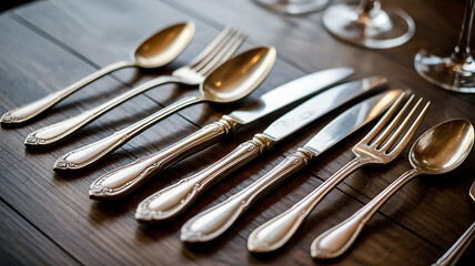 Elegant silver and gold cutlery set on a wooden table.
