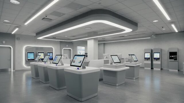 Futuristic Tech Retail Space with Interactive Displays and Sleek Design for Product Demonstrations