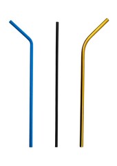 Photo of three drinking straws showcasing a comparison of materials and designs—plastic, paper-bioplastic, and reusable metal—illustrating the transition toward more sustainable alternatives.