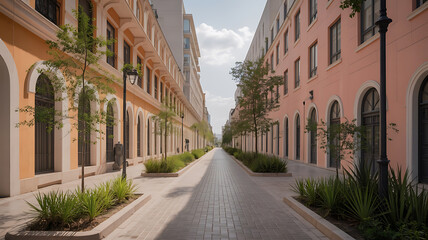 Obraz premium Empty street lined with pastel-colored buildings. Urban landscape. 