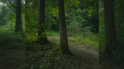 Obraz premium Dark forest path, shrouded in green shadows. 