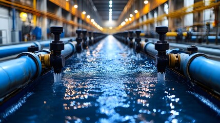 Industrial scene showing pipes and liquid in a factory or processing plant.