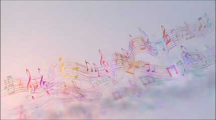 Wide shot of colorful music notes on pastel gradient background