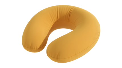 A yellow neck pillow resting on a white surface providing comfort and support for relaxation travel on transparent background