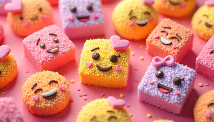Assortment of colorful emoji-themed confectionery with happy faces