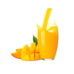le Mango Juice Pouring into Glass, Adjacent Mango Slices, Action Shot, Isolated