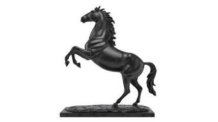 Fototapeta premium A dark metal horse statue rearing up on its hind legs against a white background in a studio setting on transparent background