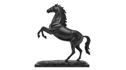 A dark metal horse statue rearing up on its hind legs against a white background in a studio setting on transparent background