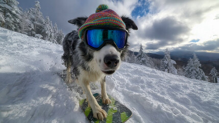 A cool dog rides a snowboard in a winter forest, wearing a bright hat and ski goggles
