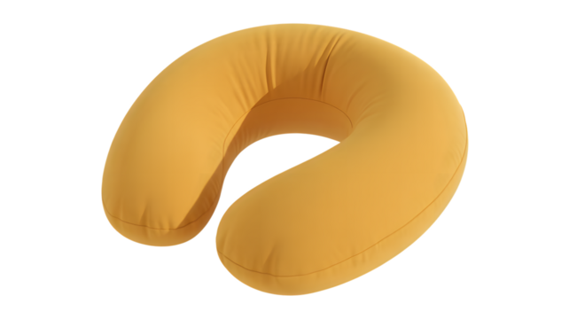 A yellow neck pillow resting on a white surface providing comfort and support for relaxation travel on transparent background - Powered by Adobe