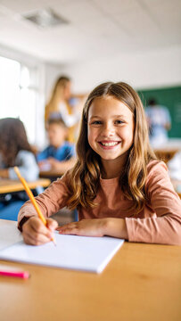 Portrait of a happy young girl smiling at camera in a classroom holding a pencil, back to school concept, diverse student engaged in learning, bright and positive education environment