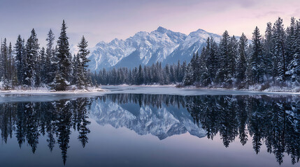 Fototapeta premium Majestic snow covered mountains reflected in tranquil icy lake surrounded by pine forest winter