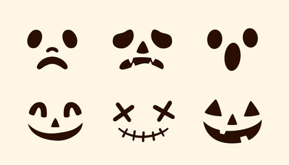 Collection of unique jack-o'-lantern faces with charming and creepy looks – ideal for Halloween printables, festive invitations, pumpkin designs, or creative DIY projects