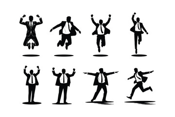 Businessman Jumping Silhouette Vector Set – Successful Corporate Man Action Poses for Motivation, Achievement, and Business Concept Design