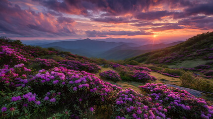 Vibrant purple rhododendrons bloom on a mountain slope under a dramatic sunset sky purple flowers