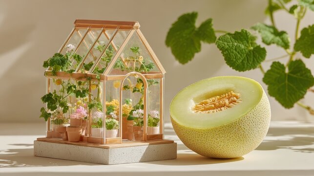 Yubari melon half on a white block with a tiny greenhouse on beige background