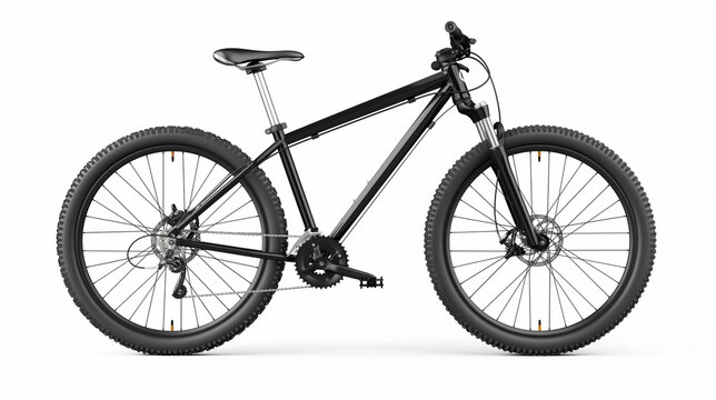 Realistic black mountain bike on white background. Modern trail bicycle design in transparent PNG format for sports, adventure, and cycling-related projects.