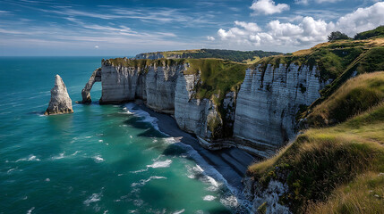 Majestic white cliffs and turquoise ocean under a blue sky with clouds rock formations