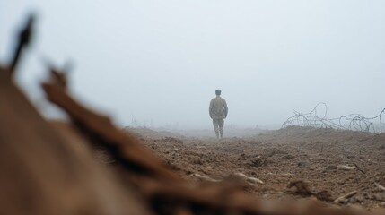 Soldier Walking Through Foggy Battlefield With Barbed Wire. Symbol Of Isolation And Conflict