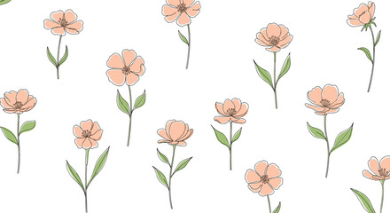 Delicate hand-drawn peach floral pattern with simple green stems and leaves on a white background creating a gentle