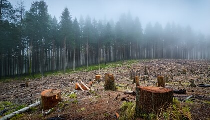 deforested area with stumps contrasting dense pine forest in mist