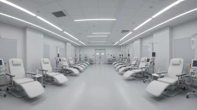 Interior shot showcases a bright and sterile dialysis center, equipment set and ready for