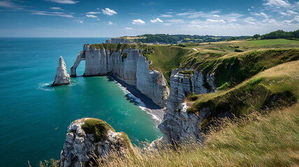 Majestic white cliffs meet turquoise ocean under a blue sky with fluffy clouds image