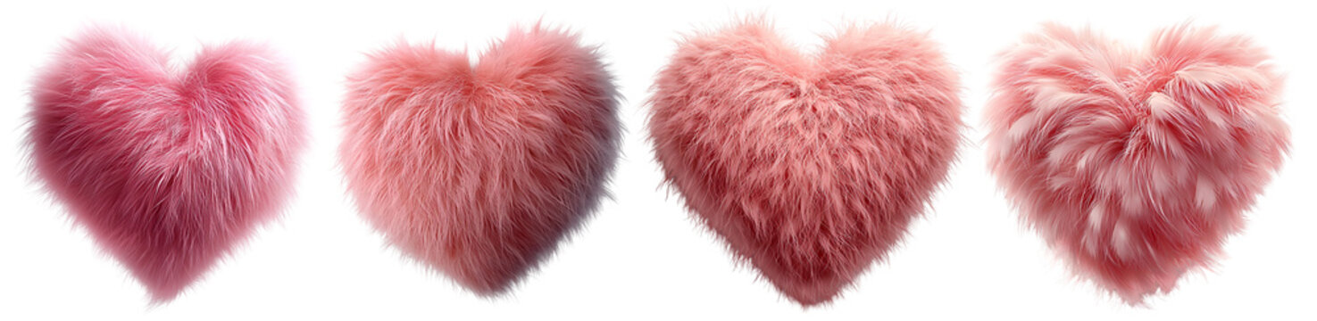 Set of fluffy pink heart shapes with soft texture and romantic design set element, on transparent background