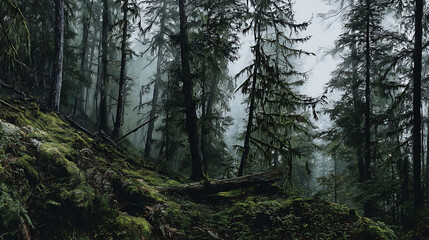 Fototapeta premium Misty forest with moss covered trees and fallen log green dark
