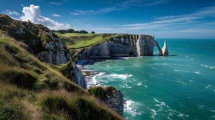 Majestic white cliffs meet turquoise ocean under a bright blue sky image