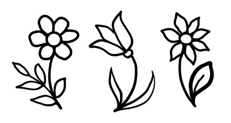 Collection of Doodle Flowers icon. Silhouettes Abstract flower set. Simple floral hand drawn illustration isolated on transparent background. Single line art drawing sketch, logo, sticker,Line Drawing