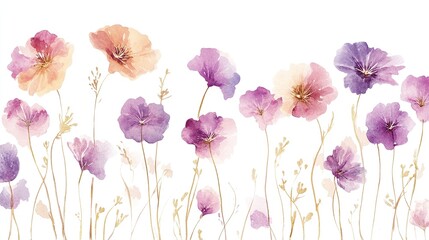 Watercolor painting of simple flowers with long stems, in neutral purple, pink and gold colors on a white background
