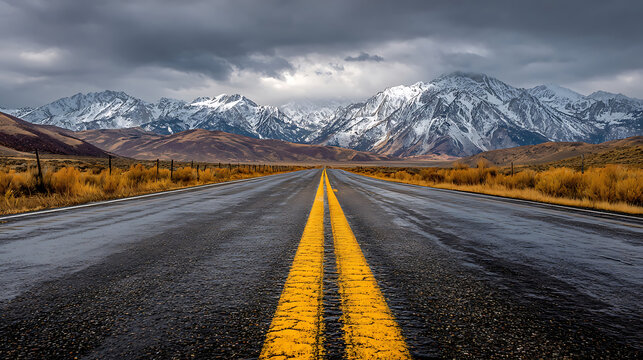 Wet asphalt road leading to snow capped mountains under dramatic clouds yellow lines - Powered by Adobe