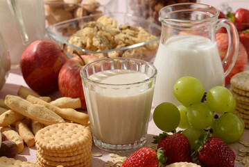 Milk, almond milk, apple, biscuit