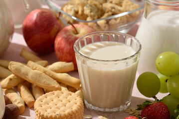 Milk, almond milk, apple, biscuit