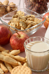 Milk, almond milk, apple, biscuit