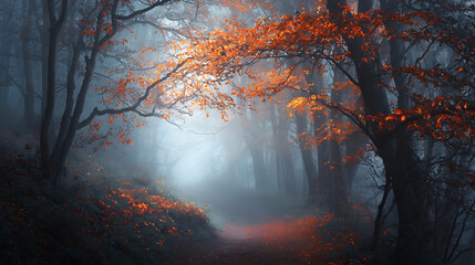 Misty forest path with glowing orange autumn foliage fall leaves
