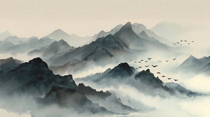 Misty mountain peaks with soaring birds in a serene landscape mountains flying