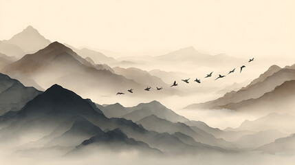 Misty mountain peaks with soaring birds in ink wash style mountains flying