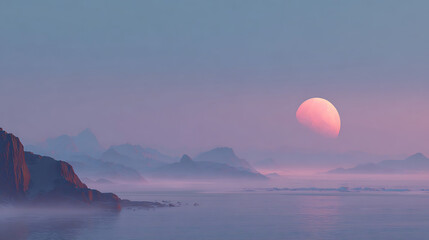 Misty mountains and ocean under a pink moon image