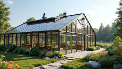Obraz premium Glass greenhouse in rural garden setting with plants inside