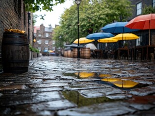 Wet cobblestone street with umbrellas after rain