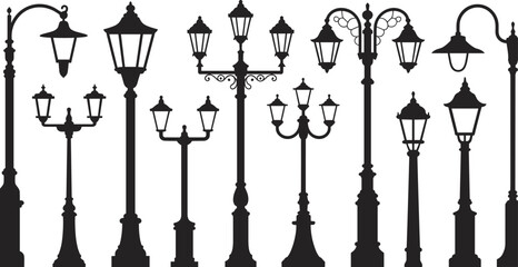 Street lamp silhouette set, vintage and modern lantern designs, urban lighting vector, decorative pole illustration, city infrastructure graphic for architecture, planning, and design