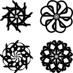 Set of four modern abstract circular logos with bold black ornamental shapes, ideal for branding, decoration, and identity design in vector format.