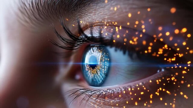 A striking close up showcases a mesmerizing eye enhanced with vibrant sparkles The eye reflects a digital landscape full of futuristic possibilities and vivid hues