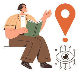 Person sitting with an open book, raising a hand in thought. Nearby eye symbol and location marker suggest learning, discovery, creativity, vision. Ideal for education, inspiration, exploration