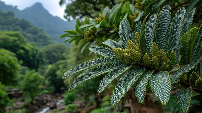 Silver-green scales of Giant Sago Palm with Kerala monsoon forest backdrop